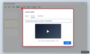 Online presentation editor Insert video dialog on the By URL tab with a pasted video link and a preview thumbnail ready to insert