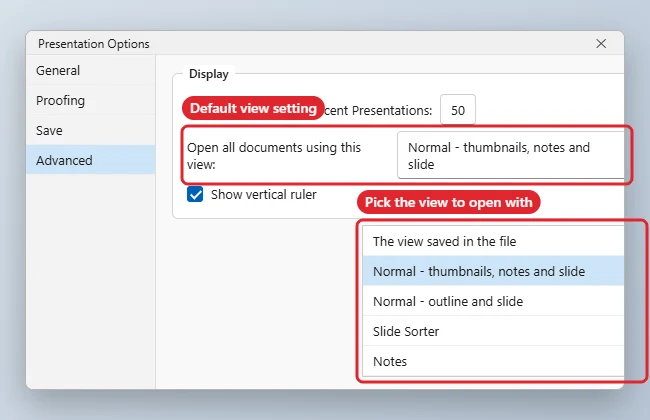 How to Change the Default View in PowerPoint 1 Presentation Options Advanced page with the Open all documents using this view list open
