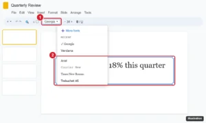Presentation editor with a text box selected by its border and the toolbar font menu open listing fonts and More fonts