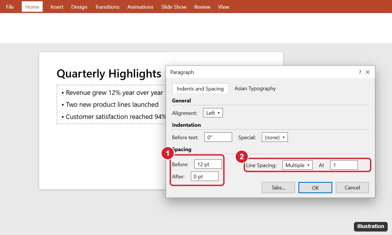 Presentation app Paragraph dialog with the Before spacing value highlighted and a bulleted slide showing extra space between bullets
