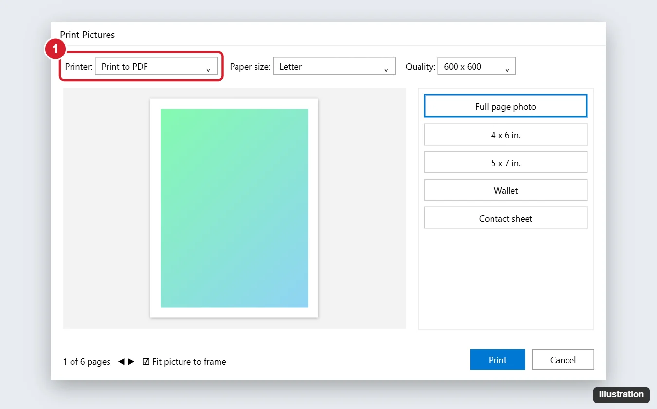 How to Convert a ZIP File to PDF in Windows 10 1 Print Pictures dialog for several extracted images with the printer set to Print to PDF and highlighted, a full page photo layout and the Print button