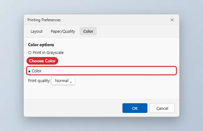 How to Change Printer Settings to Color in Windows 10 1 Printing Preferences dialog with the Color option highlighted