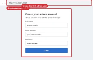 Proxy manager admin page on port 81 showing the first admin account setup form