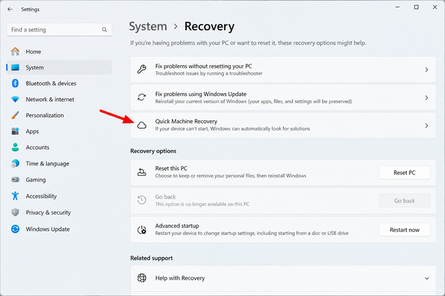 How to Use Quick Machine Recovery in Windows 11 1 Quick Machine Recovery option on the Windows 11 System Recovery settings page