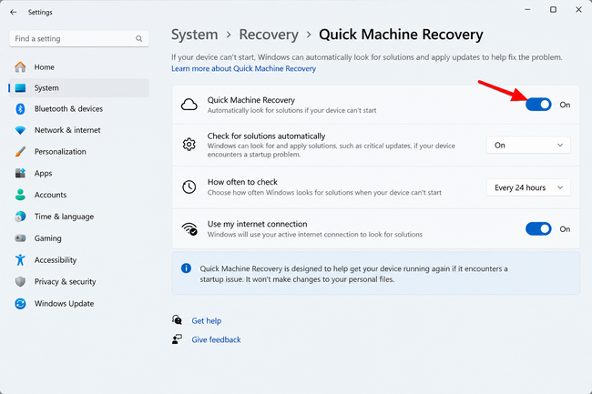 How to Use Quick Machine Recovery in Windows 11 2 Quick Machine Recovery settings enabled in Windows 11