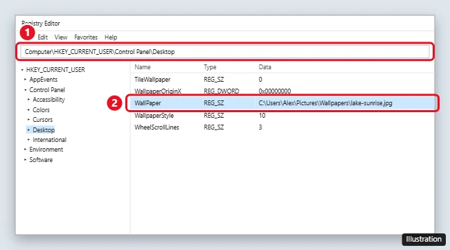 Registry Editor open to HKEY_CURRENT_USER Control Panel Desktop with the WallPaper value showing the current background image path