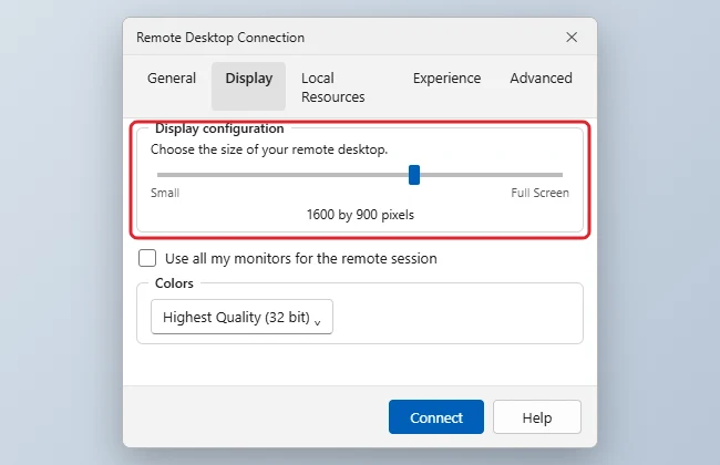 How to Change Screen Resolution in a Remote Desktop Session 1 Remote Desktop Connection window on the Display tab with the display configuration slider highlighted