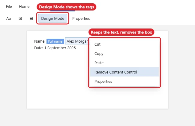 Document with a content control selected and the right-click menu showing Remove Content Control
