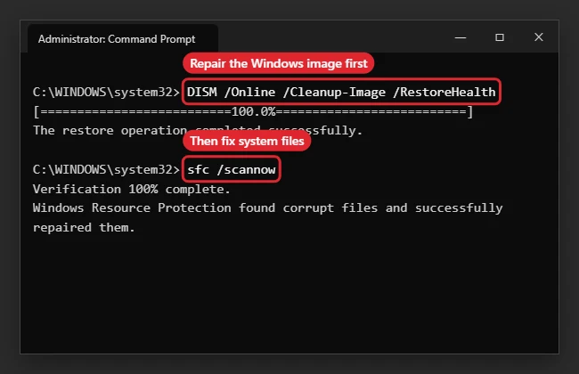 Administrator Command Prompt running DISM RestoreHealth and sfc /scannow successfully