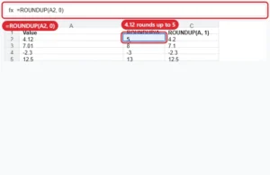 Spreadsheet using ROUNDUP to round values up to whole numbers and one decimal place