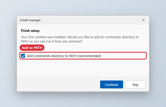 Language runtime setup prompt with the option to add the runtime folder to PATH highlighted