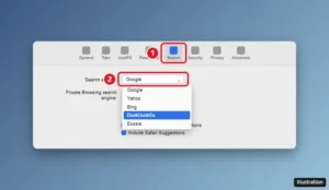 Safari Settings window on a Mac with the Search tab selected and the Search engine drop-down menu open