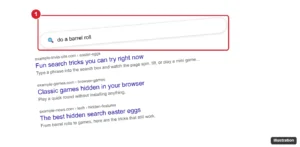 Search results page tilting after searching do a barrel roll, with the search box highlighted