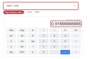 Search engine calculator showing a fraction expression typed with parentheses and its decimal result