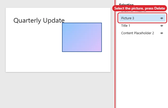 Presentation editor Selection pane listing a picture selected for deletion