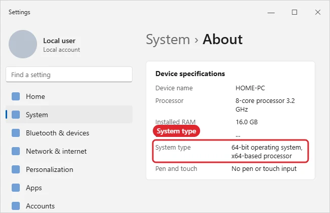Settings About page showing System type 64-bit operating system, x64-based processor