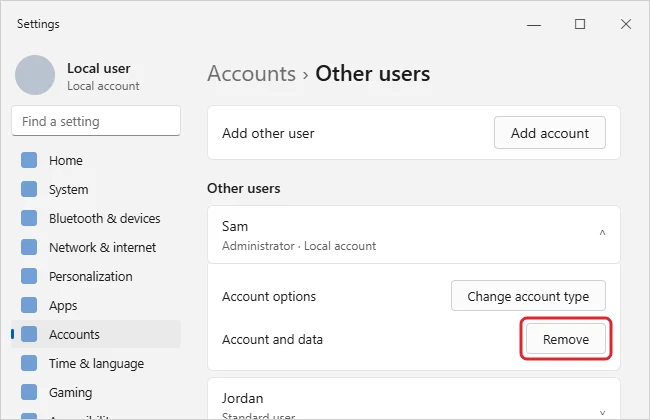 How to Remove an Administrator Account in Windows 11 1 Settings Other users page with an account expanded showing Change account type and the Remove button highlighted