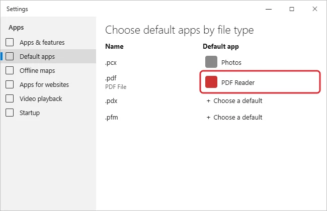 How to Change the Default PDF Viewer in Windows 10 1 Settings Choose default apps by file type page with the pdf file type and its current app highlighted