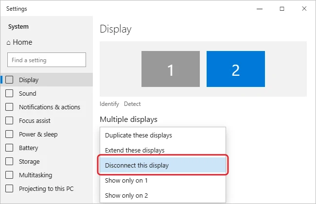 How to Disable a Display on Windows 10 Without Unplugging It 1 Settings Display page with display 2 selected and the Multiple displays menu set to Disconnect this display