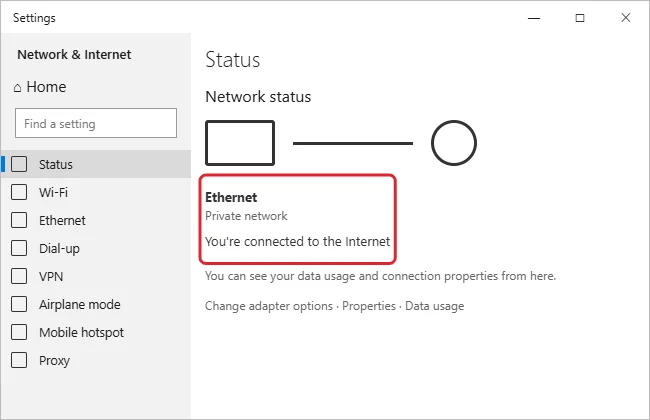 How to Switch From Wi-Fi to Ethernet on Windows 10 1 Settings Network status page showing Ethernet as the active connection with the message You are connected to the Internet