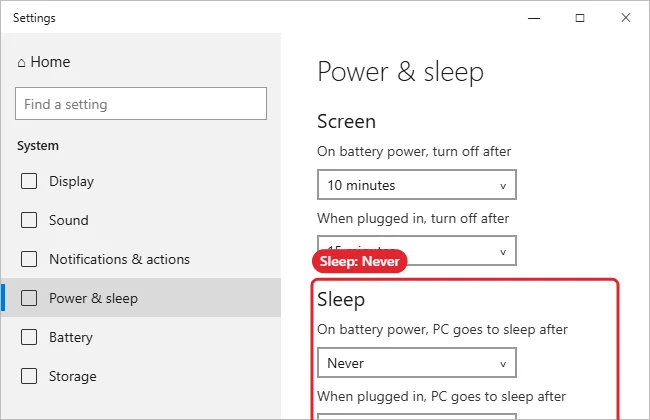 How to Turn Off Sleep Mode on an HP Laptop (Windows 10) 1 Power & sleep settings with Sleep set to Never on battery and when plugged in