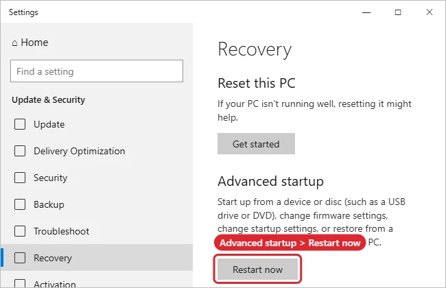 Recovery settings page with the Advanced startup Restart now button