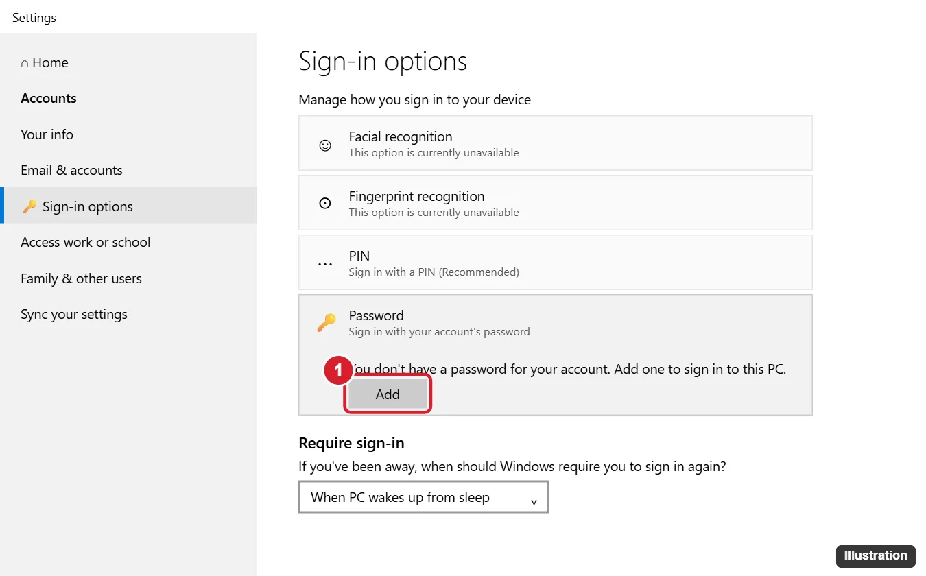 How to Set a Lock Screen Password in Windows 10 1 Settings Accounts Sign-in options page with the Password option expanded and the Add button highlighted, plus the Require sign-in When PC wakes up from sleep setting