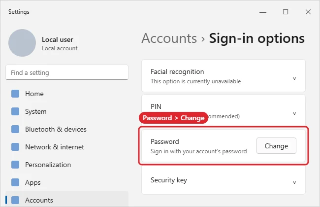 How to Change Your Password on Windows 11 1 Settings Sign-in options page with the Password section expanded and a Change button