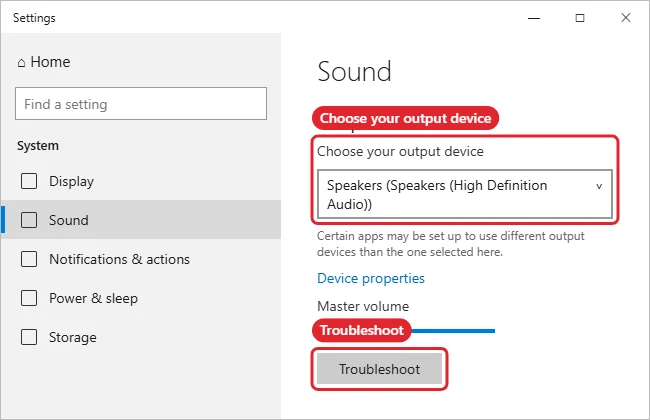 Sound settings with the output device selected and a master volume slider