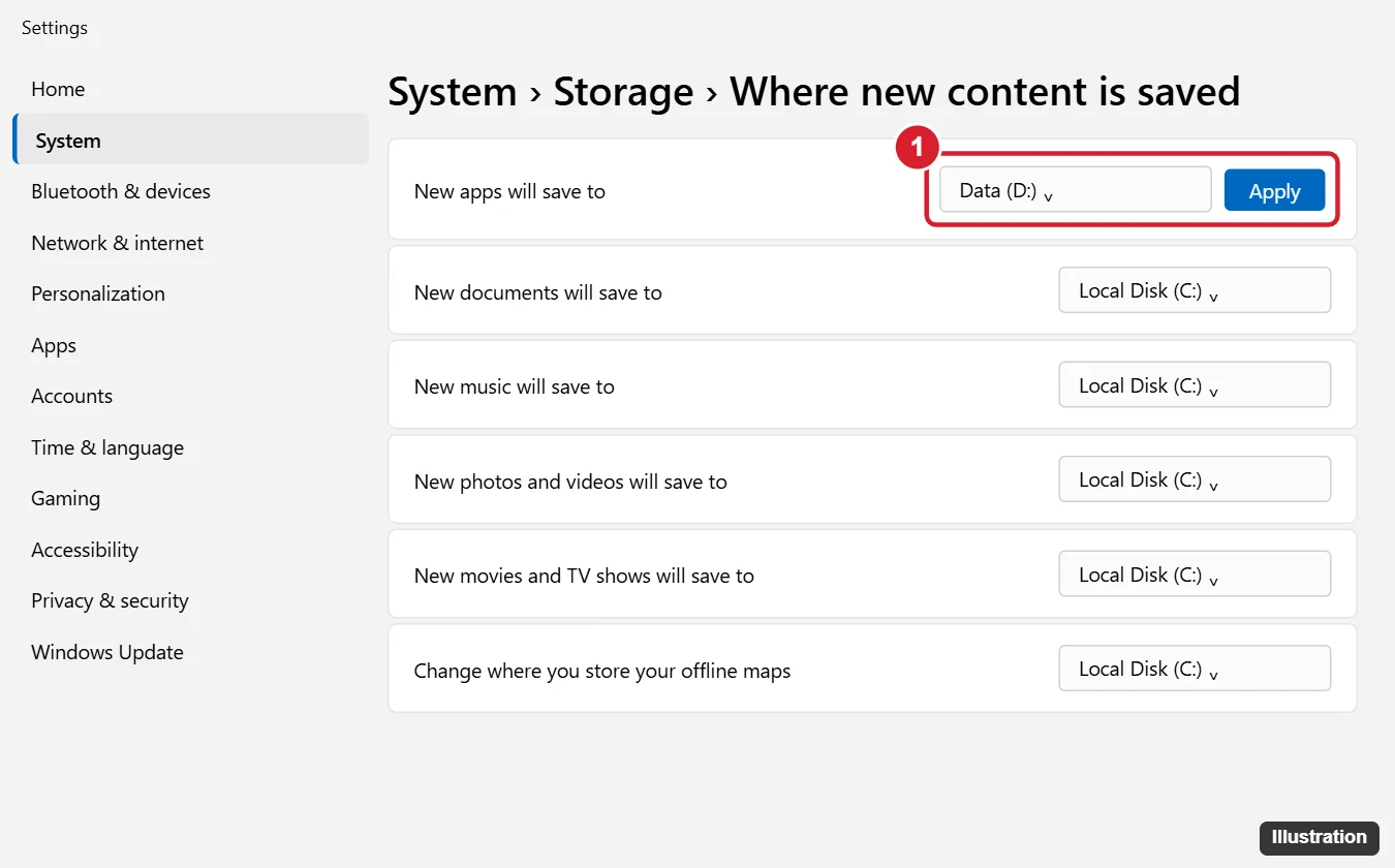 Settings Storage Where new content is saved page with the New apps will save to drop-down set to a D drive and the Apply button highlighted