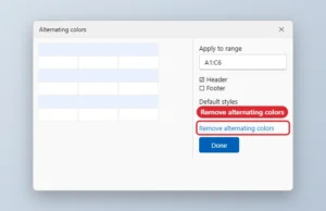 Alternating colors panel with the Remove alternating colors button highlighted