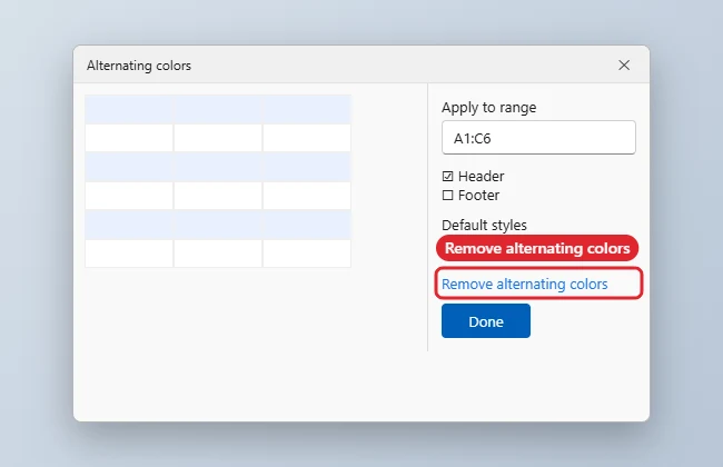 How to Remove Alternating Colors in Google Sheets 1 Alternating colors panel with the Remove alternating colors button highlighted