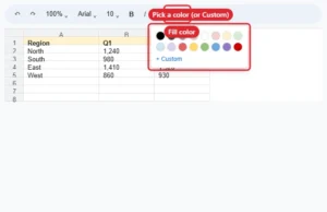 Spreadsheet toolbar fill color menu open with a light yellow color chosen for selected cells
