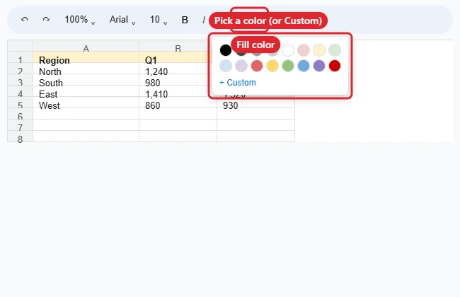 How to Change Cell Color in Google Sheets 1 Spreadsheet toolbar fill color menu open with a light yellow color chosen for selected cells
