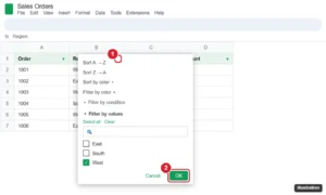 Spreadsheet with a filter on the header row and the Region column filter menu open showing Filter by values with West checked