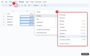 Online spreadsheet with a price column selected, the Format as currency dollar button on the toolbar highlighted, and the Format Number menu open showing Currency, Currency rounded and Custom currency