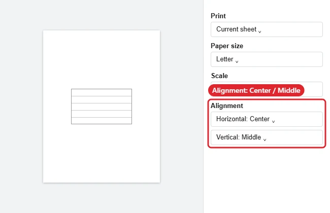 Spreadsheet print settings with Alignment set to Center horizontally and Middle vertically