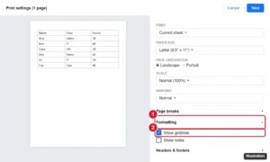Spreadsheet print settings panel with the Formatting section open and Show gridlines checked, next to a preview page with gridlines