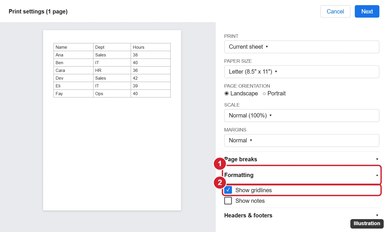 Spreadsheet print settings panel with the Formatting section open and Show gridlines checked, next to a preview page with gridlines