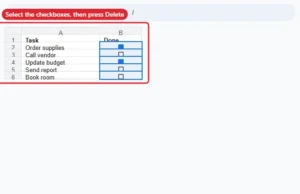 Spreadsheet with a column of checkboxes selected, ready to press Delete to remove them
