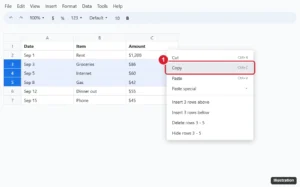 Online spreadsheet with rows 3 through 5 selected by their row numbers and the right-click menu open with Copy highlighted