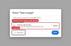 Share dialog with General access set to Anyone with the link as Viewer