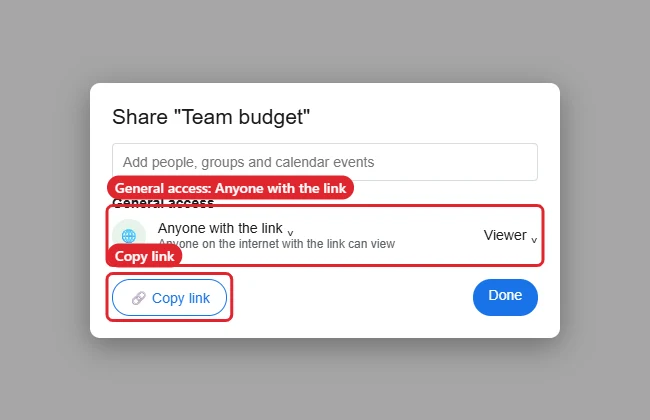 How to Make a Google Sheets File Public 1 Share dialog with General access set to Anyone with the link as Viewer