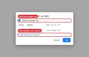 Sort range dialog with Data has header row checked and two sort columns