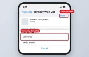Shopping app wish list screen with the share menu open showing View only and Invite to edit options