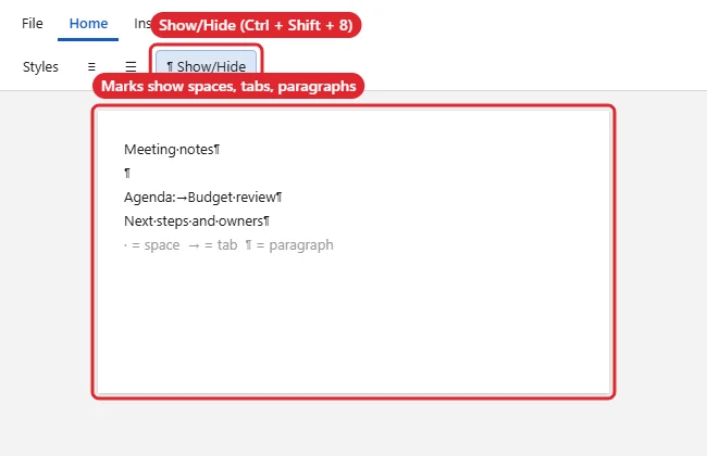 Home tab with Show/Hide on and formatting marks visible in the document