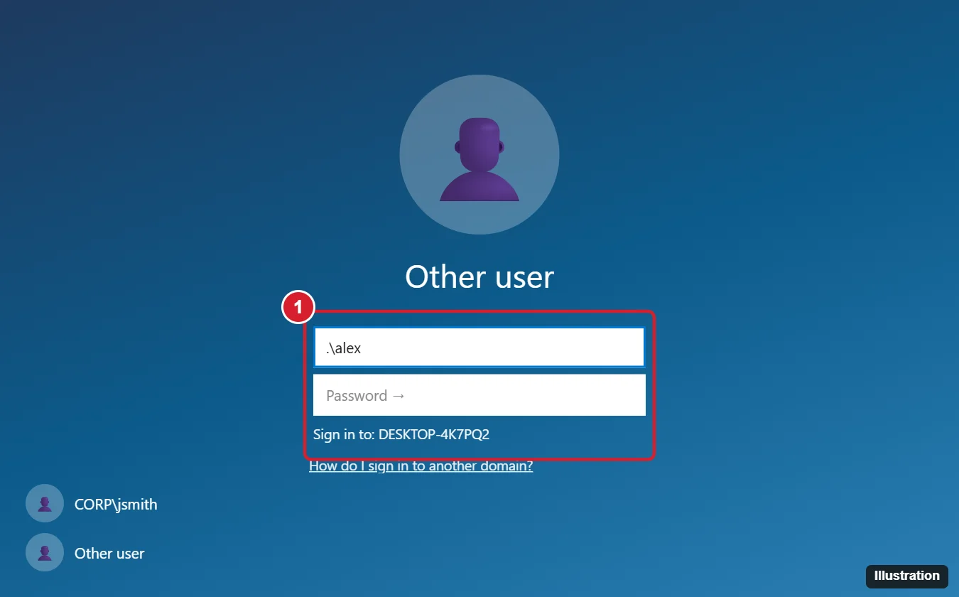 How to Log In With a Local Account Instead of a Domain Account on Windows 10 1 Computer sign-in screen for Other user with the user name typed as dot backslash alex and the Sign in to line showing the computer name, highlighted