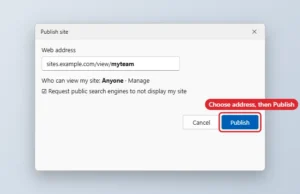 Website builder Publish dialog with the web address field and Publish button highlighted