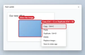 Presentation editor with an image selected and the right-click menu showing Copy and Duplicate