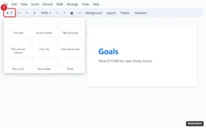 Online presentation editor with the New slide plus button on the toolbar highlighted and its layout menu open showing Title slide, Title and body and other layouts